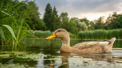 Duck swimming in tranquil pond nature scene wildlife photography lush greenery close-up view