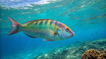 Naklejka premium Vibrant fish swimming gracefully in crystal clear ocean waters of coral reef underwater photography nature exploration