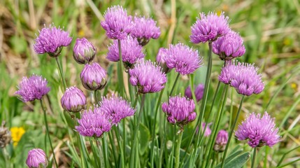 Vibrant Purple Chive Blossoms in a Field
