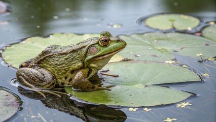 Obraz premium Frog sitting on lily pad in serene pond nature photography calm environment close-up view