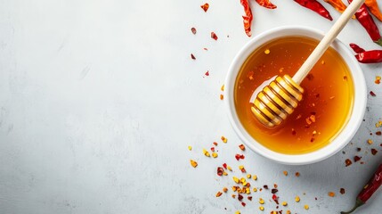 Spicy honey in white bowl with chili flakes and red chili peppers on light background
