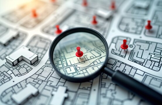 Urban planner examines map with magnifying glass to find suitable plot for residential construction project. Searching vacant land for development. Concept of real estate investment, land management.