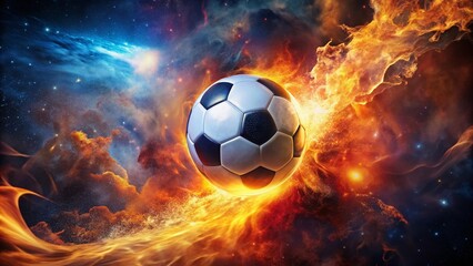 Naklejka premium Surreal Burning Soccer Ball: Fiery Orb of Sport in Cosmic Landscape