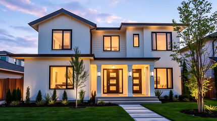 Fototapeta premium Luxury Modern Home Exterior at Dusk: Architectural Design and Landscaping