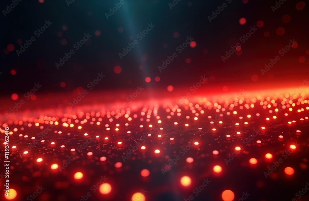 Poster Dynamic red light grid pattern creates futuristic tech display. Abstract glowing energy lines. Intense illumination with vibrant red light design. Glowing dots form matrix. Cyber network pattern