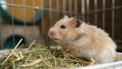 Obraz premium Hamster exploring its cage home environment animal photography indoor setting close-up view pet care insights