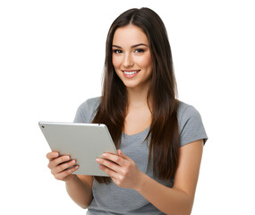 Fototapeta premium Beautiful smiling woman holding a tablet computer.