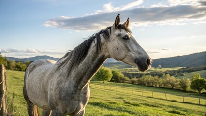 Obraz premium Graceful grey horse in a serene meadow nature photography rural landscape daylight close-up view for animal lovers