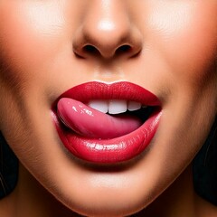 Fototapeta premium Closeup vom Gesicht einer Frau, wie sie verführerisch sich mit der Zunge über die Lippen fährt.