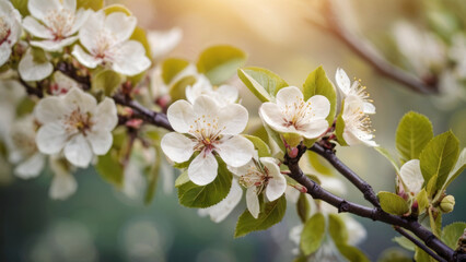 Obraz premium Close-up of blooming apple tree flowers with radiant lighting and a soft-focus background.