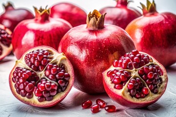 Surreal Close-up of Whole and Cut Pomegranates on White Background - Juicy, Ripe Fruit