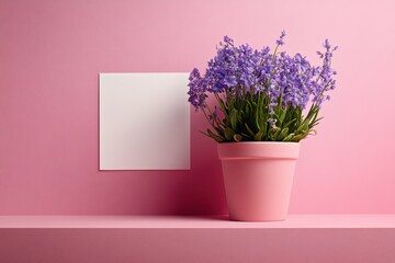 Fototapeta premium Vibrant Purple Flowers in Pink Pot on Soft Pink Background with Blank Card for Women's Day Message, feminism concept