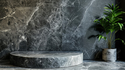 A polished marble podium set against a dark stone wall, creating a sleek and modern backdrop perfect for high-end and luxury product displays.
