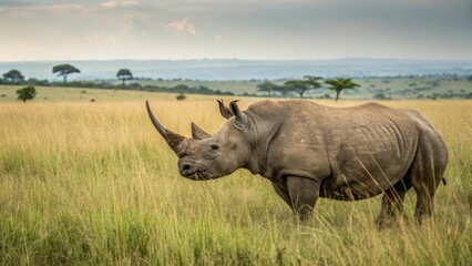 Obraz premium Rhino grazing in serengeti national park wildlife photography natural habitat wide-angle view conservation awareness