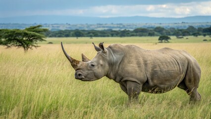 Obraz premium Rhinoceros grazing in african savanna wildlife photography natural habitat serene landscape wide-angle view