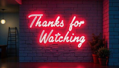 Neon sign glows red on brick wall at night. Message says Thanks for Watching. Urban design. Stylish...