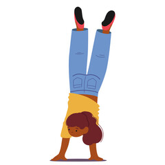Cute strong girl child cartoon character performing handstand balance upside down gymnastic trick