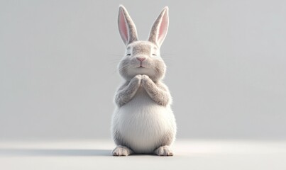 Obraz premium A rabbit stands on its hind legs with its front paws held together in a playful gesture, cute critter., humorous image, cartoon character