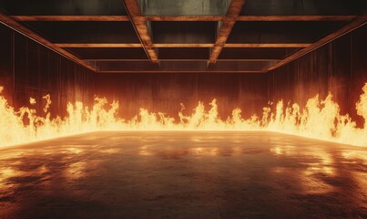 A raging inferno burns above a vast expanse of empty concrete floor with flames dancing and flickering in the darkness, inferno, empty space, intense heat