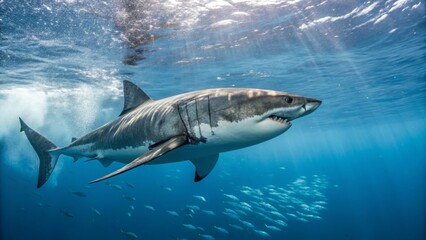 Fototapeta premium Swimming great white shark ocean depths wildlife photography underwater scene close-up view marine life exploration