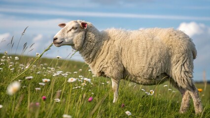 Obraz premium Sheep grazing in wildflowers pasture field nature photography sunny day close-up peaceful livestock scene