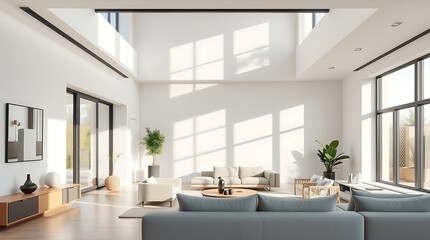 Fototapeta premium Modern Minimalist Living Room Interior Design: Sunlight Streaming Through Large Windows, Bright and Spacious Open Floor Plan, Elegant and Comfortable Furniture
