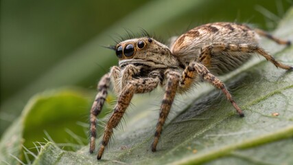 Fototapeta premium Close-up action of a spider on leaf natural habitat macro photography outdoor detailed insect observation