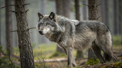 Obraz premium Wolf observing in a misty forest wildlife photography natural habitat serene environment close-up view