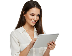 Fototapeta premium Beautiful smiling woman holding a tablet computer.