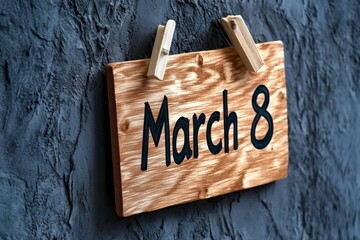 March 8 Wooden Sign on Dark Wall, Celebrating International Women's Day, Symbolizing Feminism, Wood Texture Wall Decor, Equality Concept