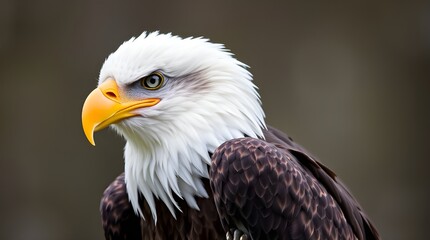 Obraz premium Bald Eagle with a white head and tail, dark brown body, yellow beak and sharp eyes perched on a branch
