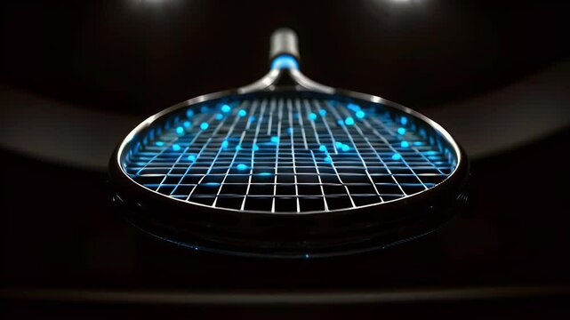 A close-up view of a tennis racket showcasing its grid pattern and vibrant blue accents.