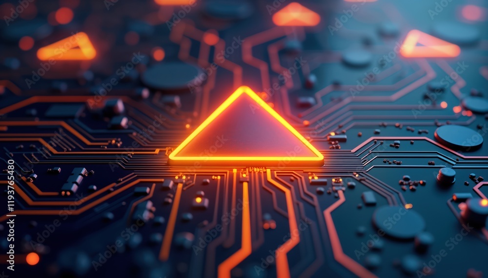 Poster 3D rendering shows glowing orange triangle warning sign on dark blue circuit board background. Tech illustration displays cyber attack security breach. Digital code background suggests vulnerability