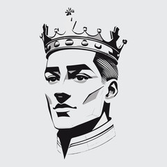 A simple regal black and white flat vector art illustration of a king's head