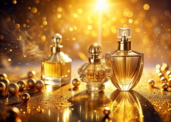 Surreal Golden Perfume Bottles Basking in Sunlight - Luxurious Fragrance Photography