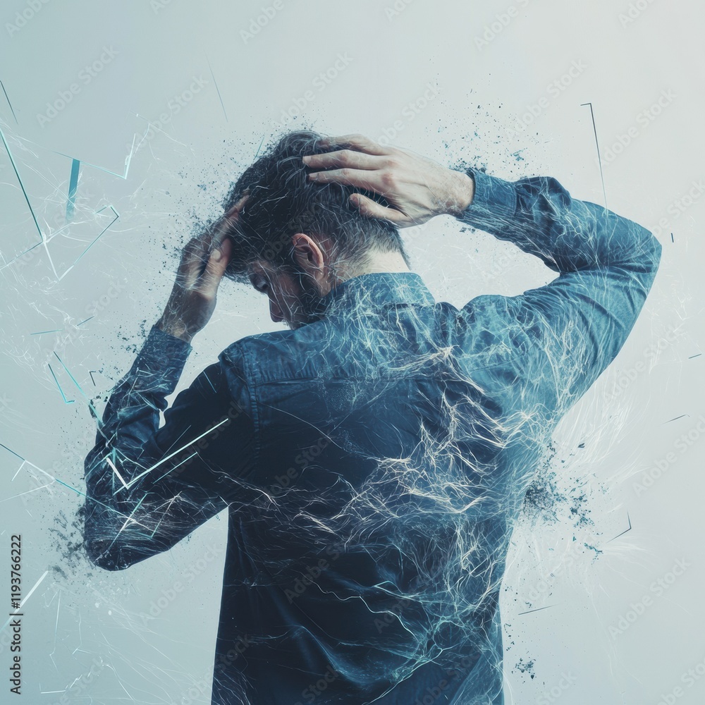 Fototapete Person expressing pain while surrounded by abstract geometric shapes and waves, conveying emotion and struggle in a creative manner. Generative AI