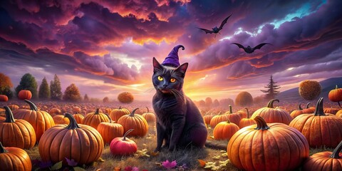 Fototapeta premium Surreal Halloween Witch Cat & Pumpkins: Spooky Autumn Fantasy Stock Photo