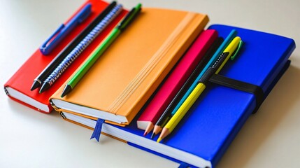 Fototapeta premium Colorful Notebooks and Pens Stationery Set Back to School Supplies