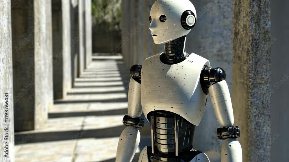 Poster robot stands in an architectural space surrounded by concrete columns during the daytime