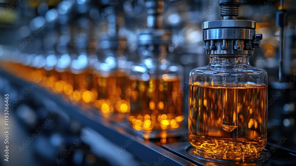 Poster glass bottles filled with amber liquid in factory production line captured in a soft focus with a gl