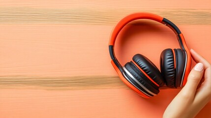 Stylish Orange and Black Headphones on Coral Wood Background