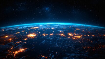 Obraz premium Earth's Glowing Symphony: A breathtaking view of our planet Earth from space, showcasing the mesmerizing tapestry of city lights illuminating the night.