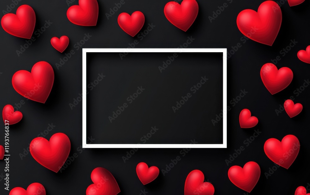Poster valentine's day background with red hearts and an empty rectangular frame on a black color backgroun