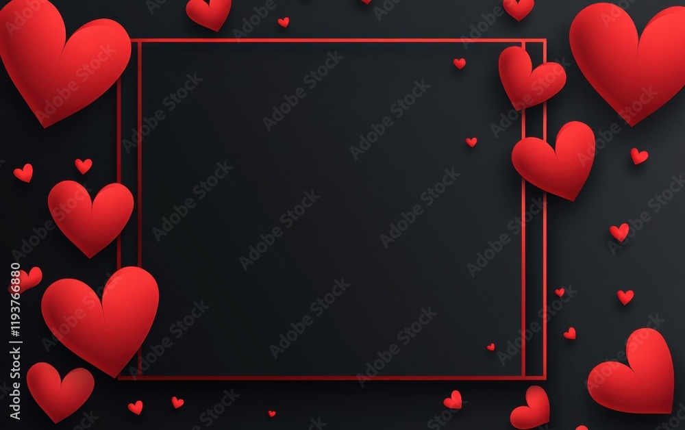 Poster valentine's day background with red hearts and an empty rectangular frame on a black color backgroun
