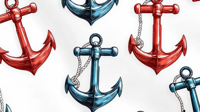 Red and blue anchors pattern on white background with nautical theme