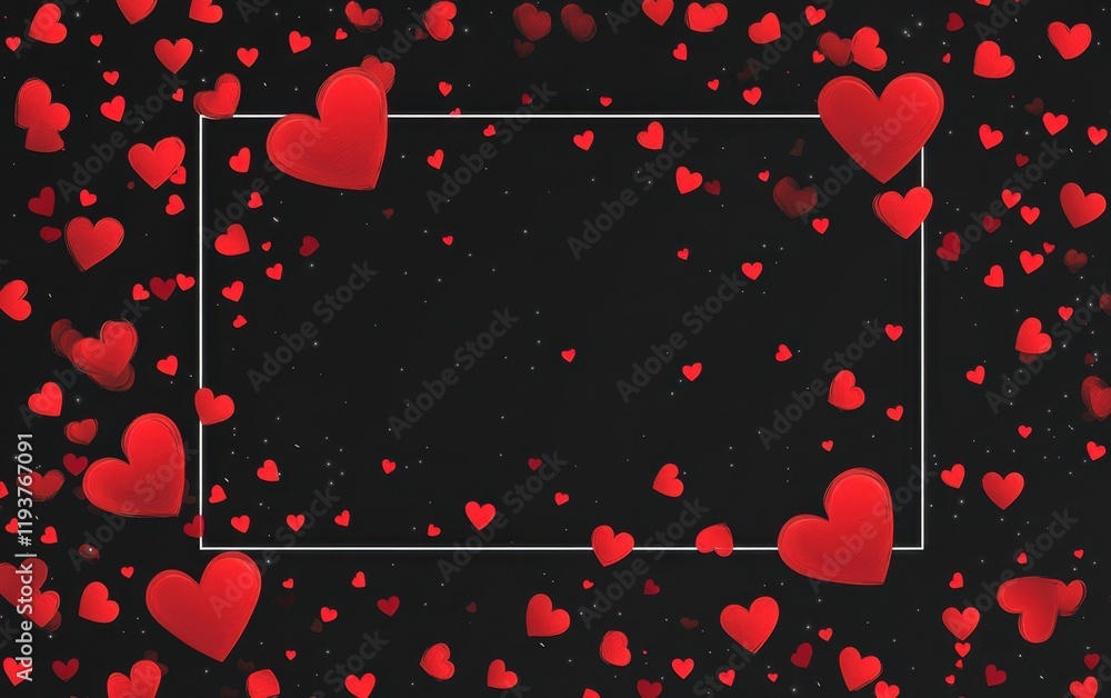 Poster red hearts framed on a black background with copy space for a valentine's day card design generative