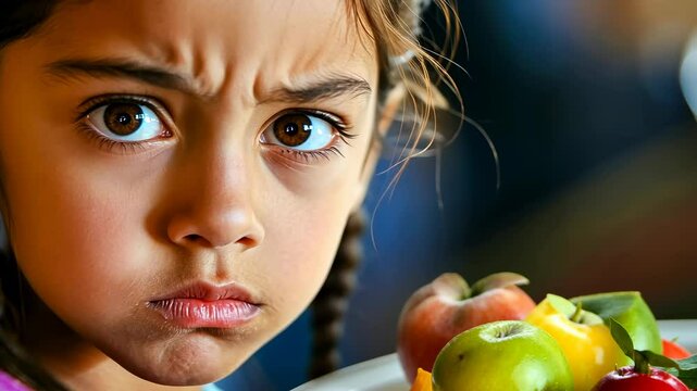 Child,Caucasian,girl examines fruit bowl.Toddler,Caucasian,female frowns salad.Young,Caucasian,girl seems displeased food choice.Small,Caucasian,female contemplates healthy eating.Youth,Caucasian