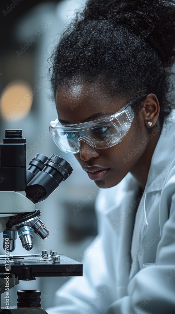 Poster female scientist researching through microscope in a laboratory setting