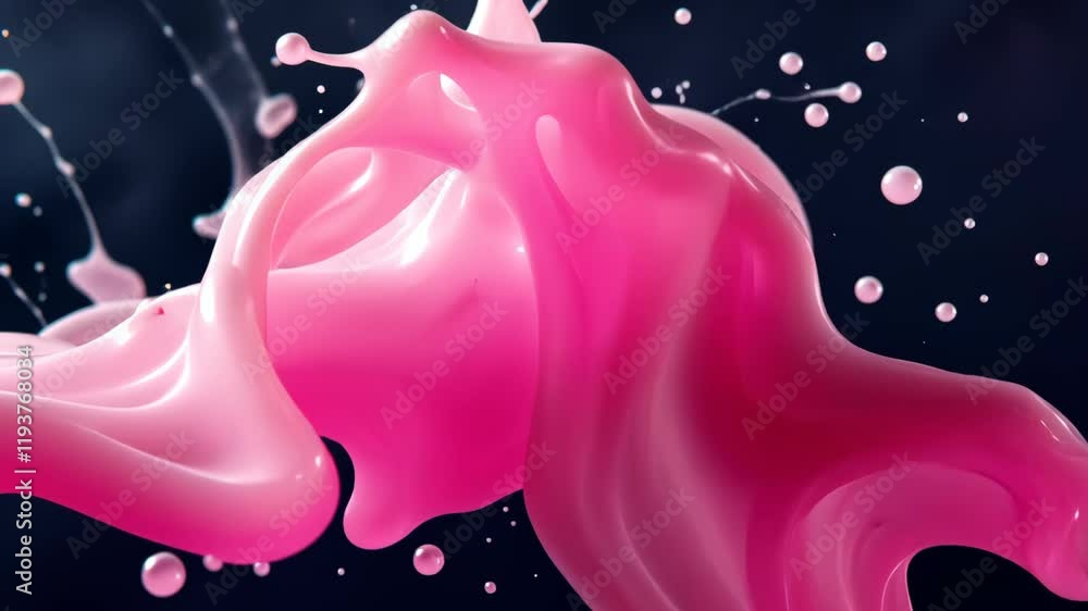 Poster swirling pink liquid creating dynamic shapes and splashes against a dark background