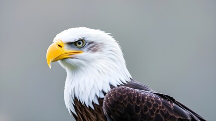 Obraz premium An adorable Bald Eagle, white head and tail, dark brown body, yellow beak and charming sharp eyes, perched on a branch, bathed in warm golden glow with contrasting chiaroscuro lighting, strong contras